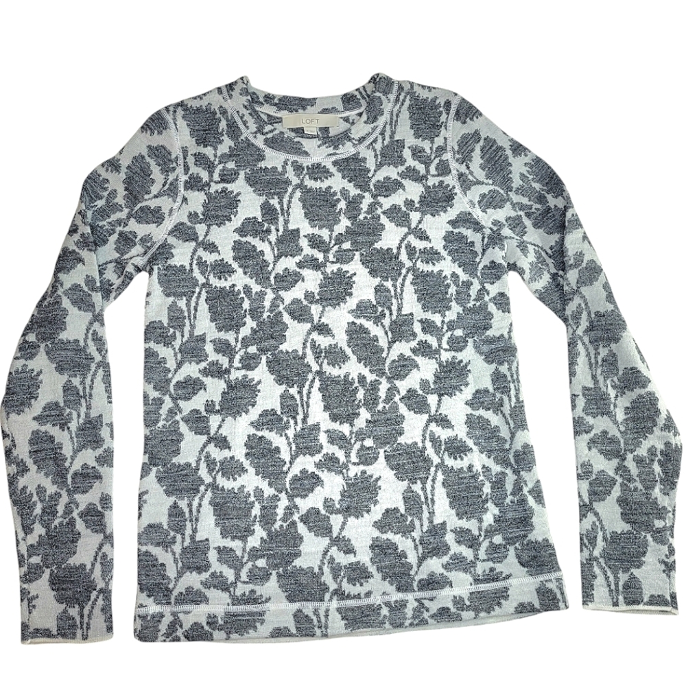 Loft Floral Jacquard Womens Small Wool Blend Top Gray Long Sleeve Layering Shirt